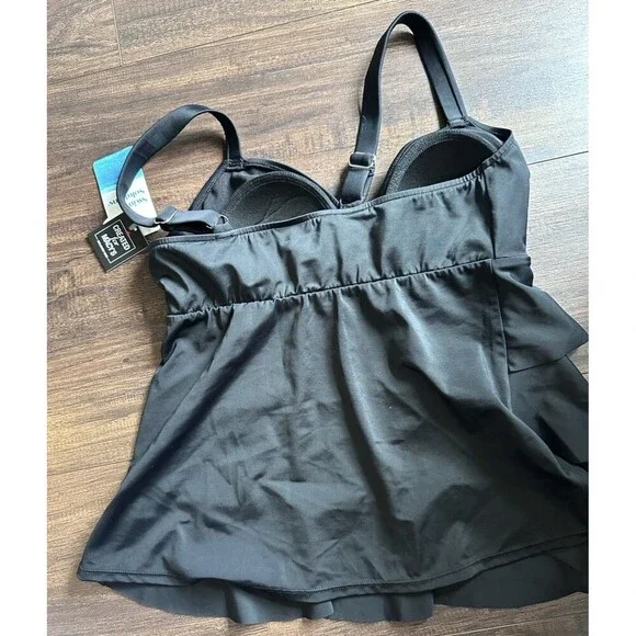 Swim Solutions Women's Sweetheart neck Swan Tiered-Ruffle Tankini Top Black 10 - Picture 5 of 6